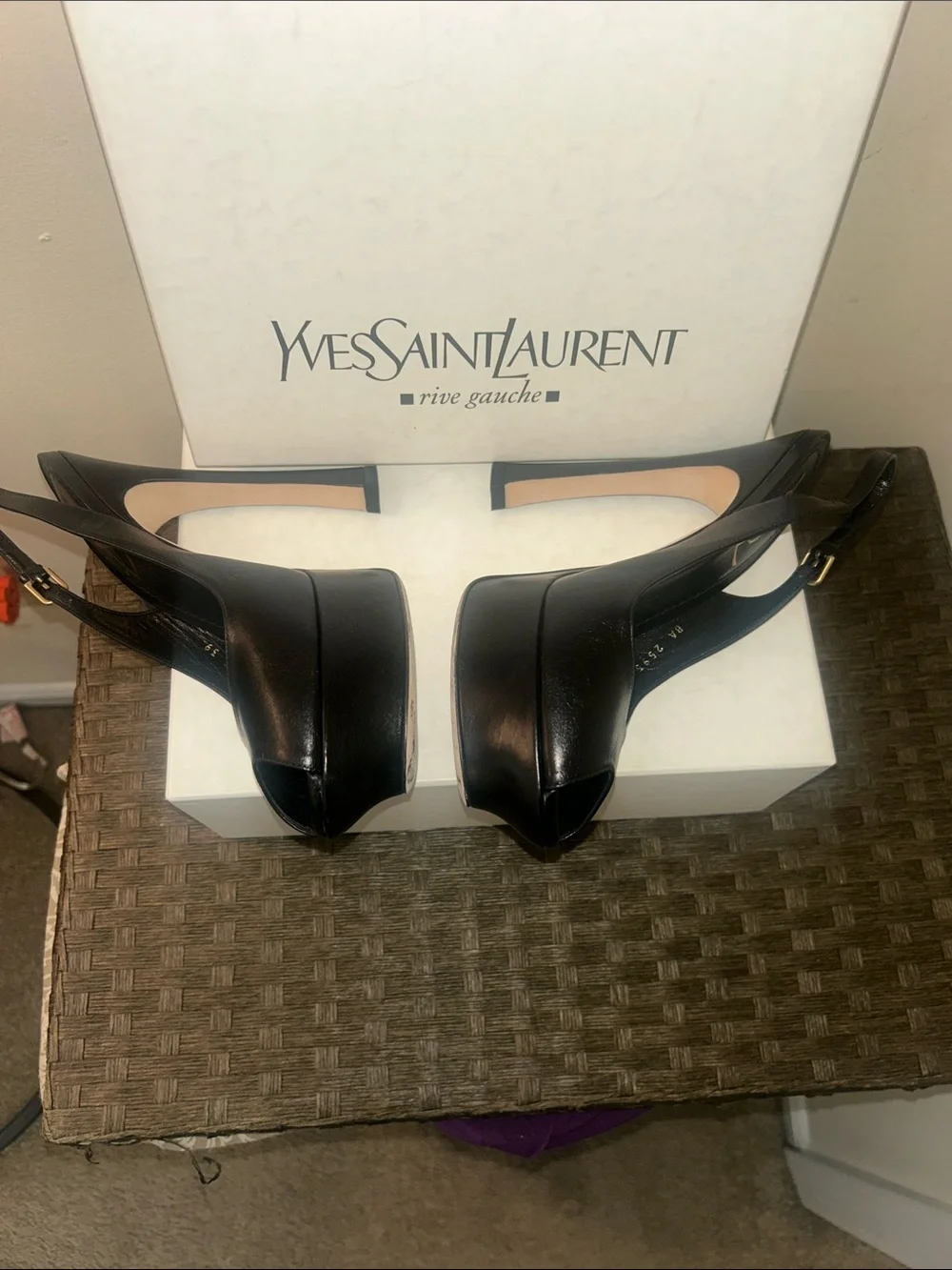 Saint Laurent Black Leather Peep-Toe Slingback Pumps with Gold YSL Logo - Picture 3 of 8